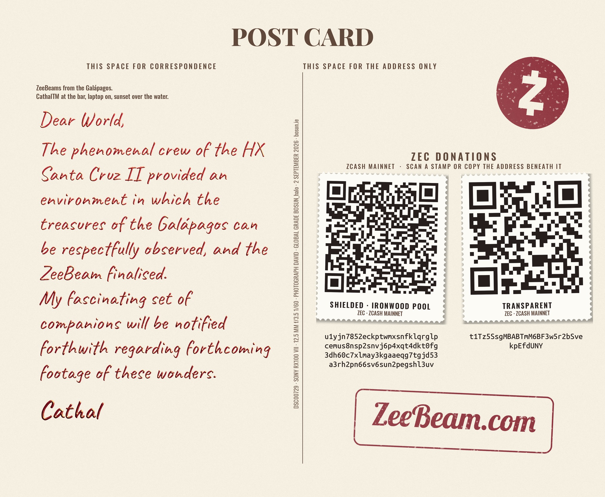 The back of the postcard: a handwritten message headed Dear World and signed Cathal, with two rubber-stamp QR codes carrying the shielded and the transparent Zcash address