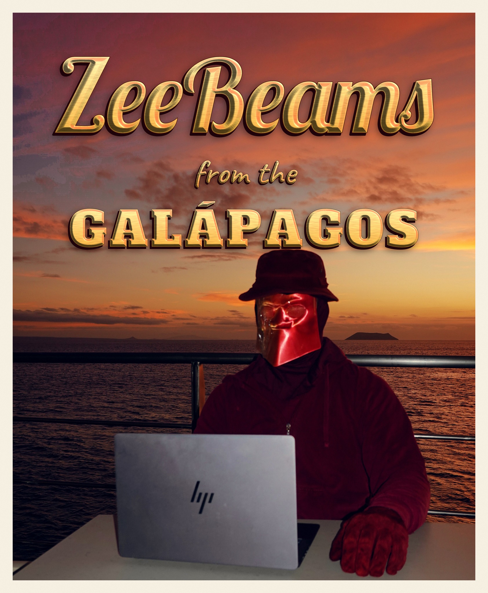 A postcard: a masked figure at a laptop before a sunset over the sea